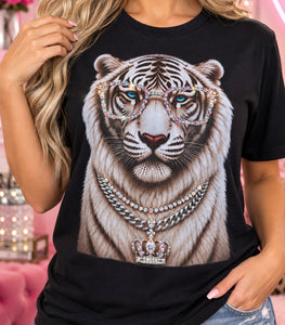 White Tiger women’s rhinestone graphic tee with jeweled sunglasses - Pink Ostrich Boutique