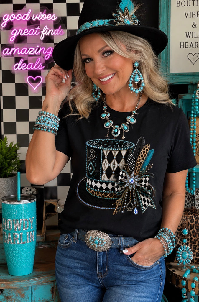 Jeweled Top Hat women’s western rhinestone graphic tee - Pink Ostrich Boutique