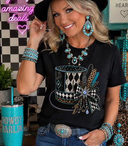 Jeweled Top Hat women’s western rhinestone graphic tee - Pink Ostrich Boutique