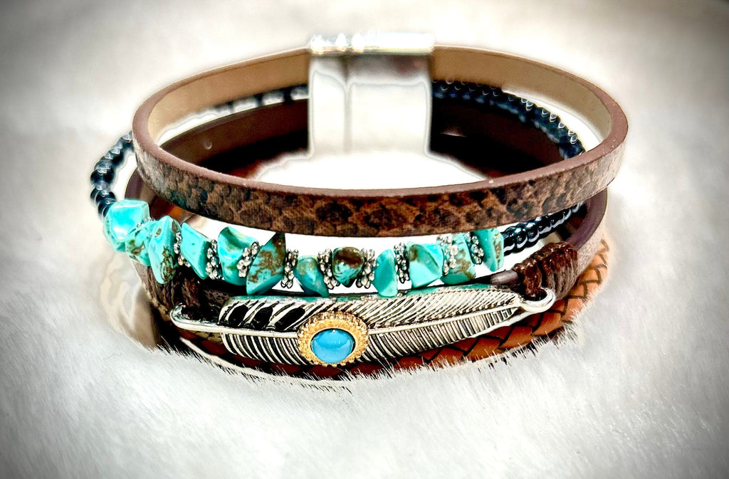 Brown Layered Leather Bracelet With Turquoise Stones