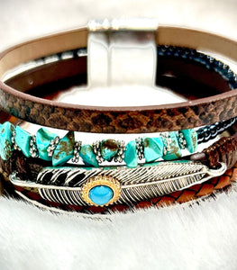 Brown Layered Leather Bracelet With Turquoise Stones