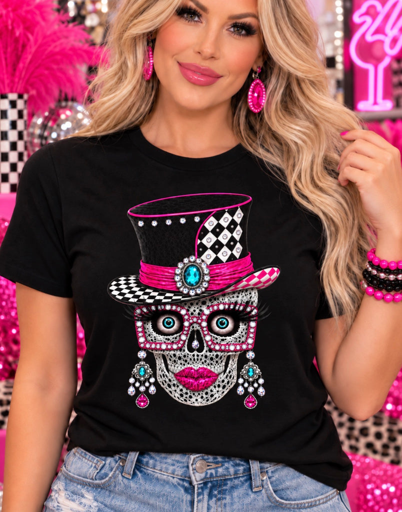 Lace Skull Diva women’s rhinestone top hat graphic tee - Pink Ostrich Boutique
