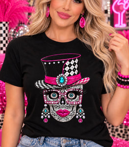 Lace Skull Diva women’s rhinestone top hat graphic tee - Pink Ostrich Boutique