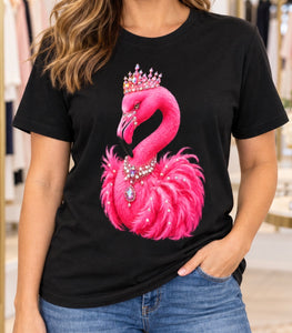 Crowned Pink Flamingo Real Rhinestone Tee | Black