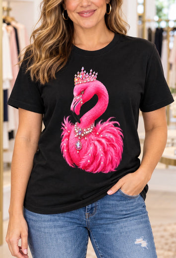 Crowned Pink Flamingo Real Rhinestone Tee | Black