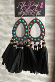 Faux Leather Tassel Earrings With Turquoise Stones