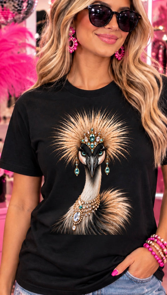 Crane Queen women’s rhinestone bird graphic tee - Pink Ostrich Boutique