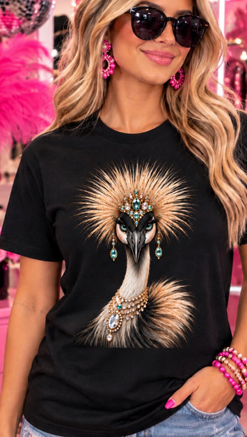 Crane Queen women’s rhinestone bird graphic tee - Pink Ostrich Boutique