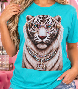 White Tiger women’s rhinestone graphic tee with jeweled sunglasses - Pink Ostrich Boutique