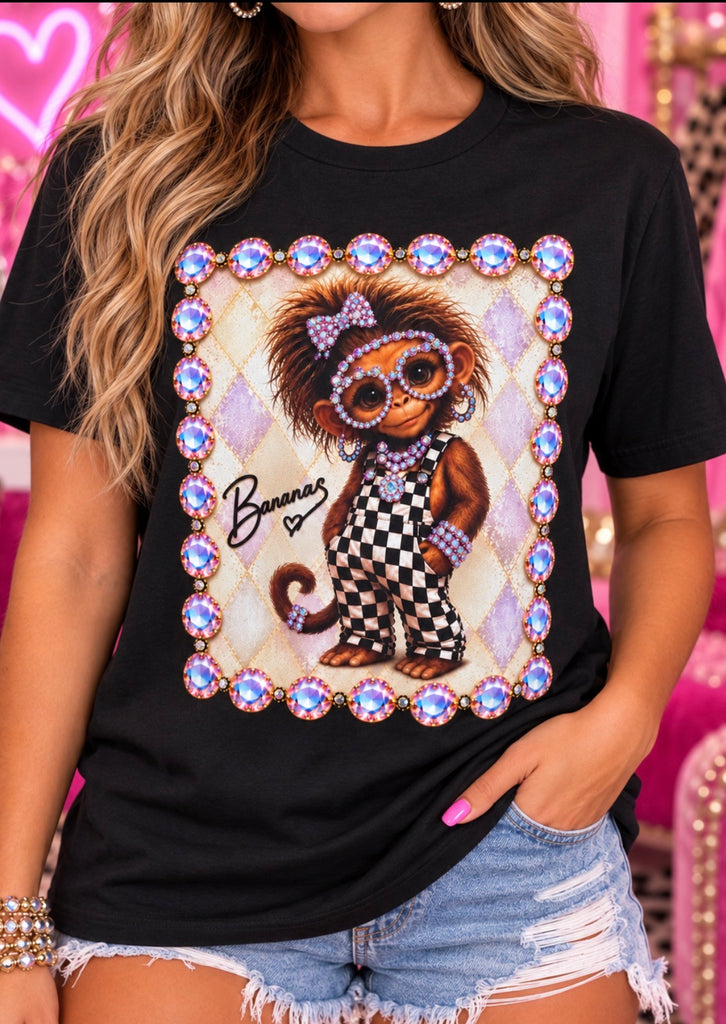 Bananas glam monkey rhinestone tee in another color - Pink Ostrich Boutique