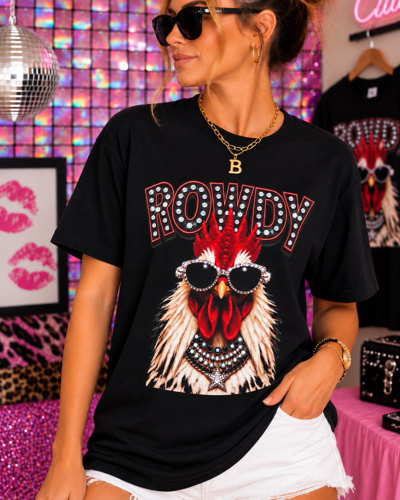 Rowdy Rooster women’s rhinestone graphic tee - Pink Ostrich Boutique