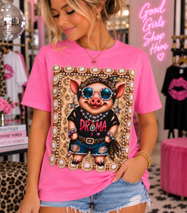 Drama Pig women’s rhinestone leopard graphic tee - Pink Ostrich Boutique