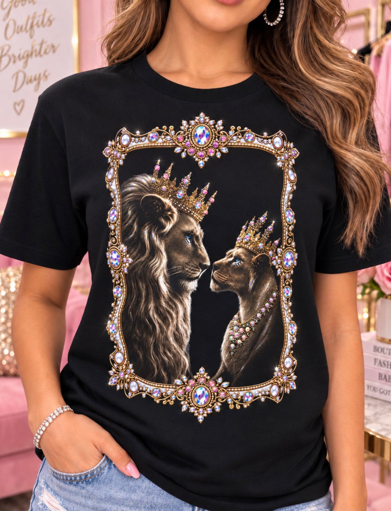 King and Queen Lion women’s rhinestone graphic tee - Pink Ostrich Boutique