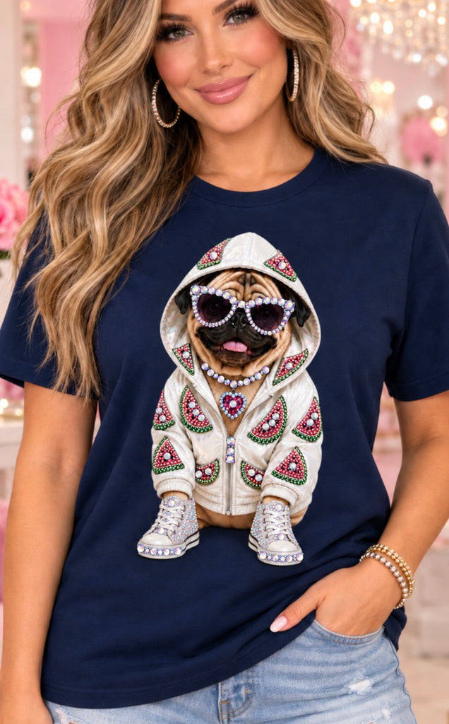 Watermelon Pug women’s rhinestone dog graphic tee - Pink Ostrich Boutique