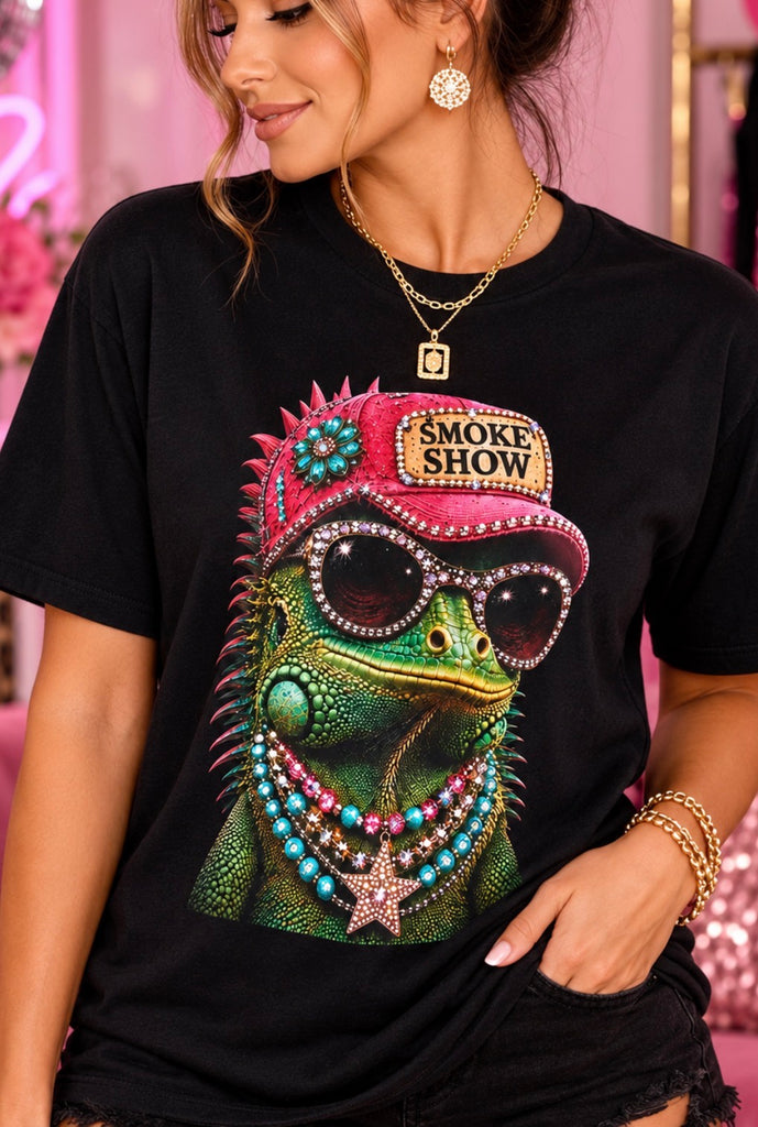 Smoke Show Iguana women’s rhinestone graphic tee - Pink Ostrich Boutique