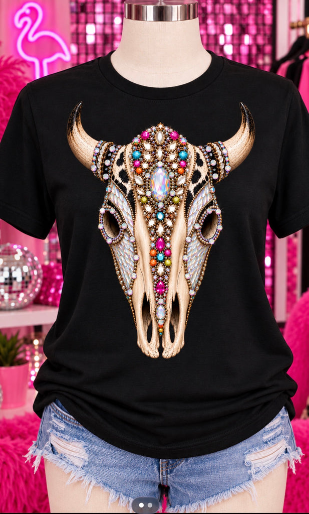 Jeweled Bull Skull women’s western rhinestone graphic tee - Pink Ostrich Boutique