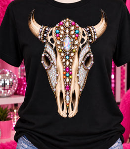 Jeweled Bull Skull women’s western rhinestone graphic tee - Pink Ostrich Boutique