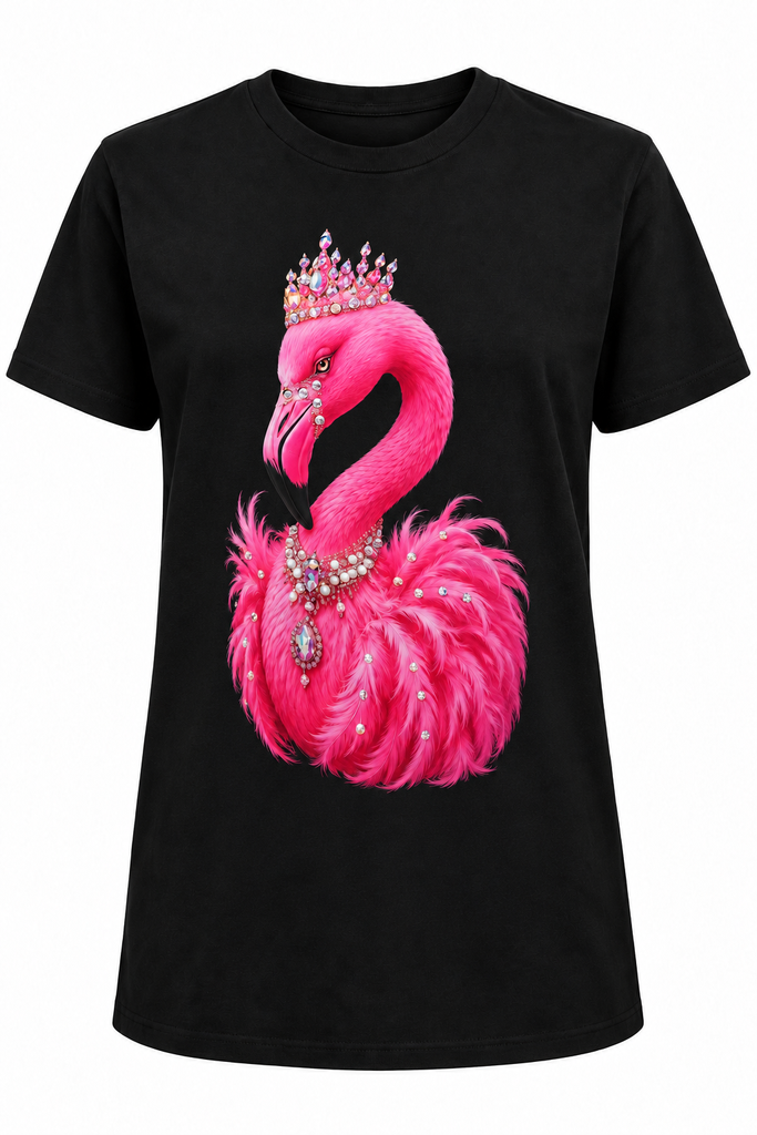 Crowned Pink Flamingo Real Rhinestone Tee | Black