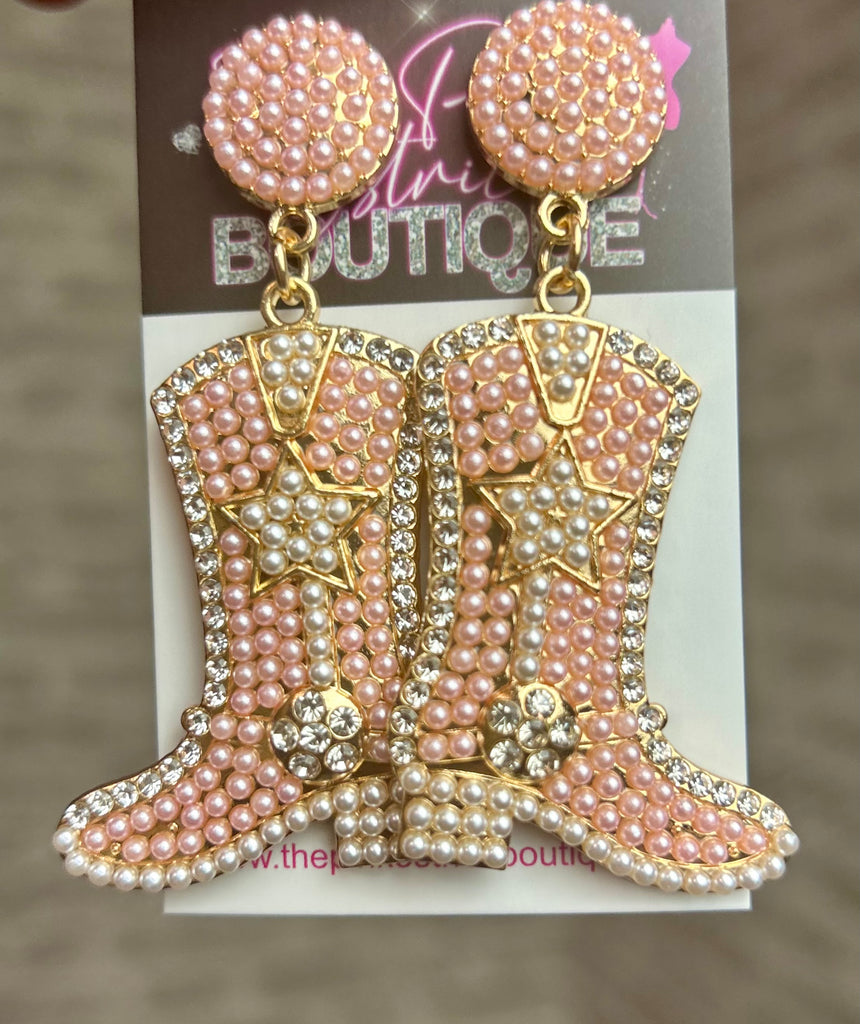 Pink Pearl Cowgirl Boot Earrings