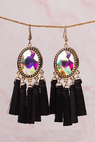 Black Rhinestone Tassel Earrings