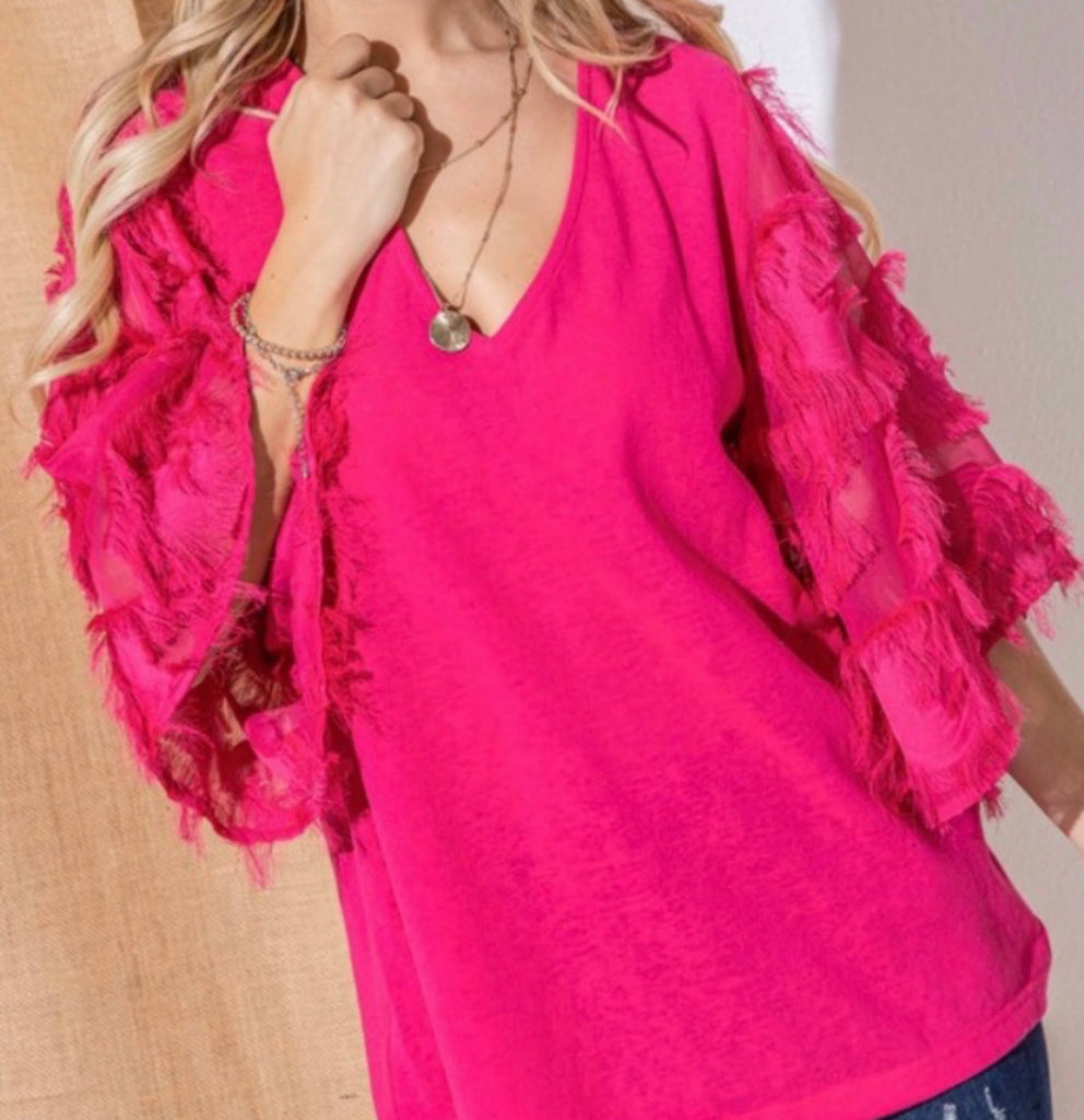 Pink Faux Feather 3/4 Sleeve Top