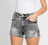 High Rise Gray Acid Wash Shorts With Destroyed Hem