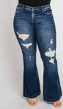 Distressed, mid rise, dark wash flared jeans