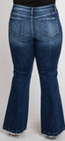 Distressed, mid rise, dark wash flared jeans