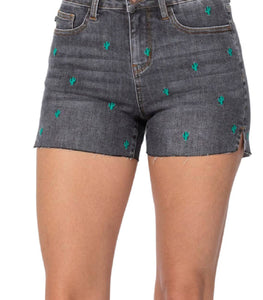 Judy Blue High Waist Gray Cactus Embroidery Cut Off Shorts