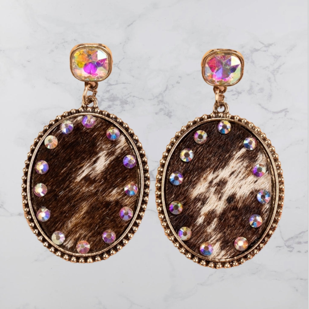 Western Rhinestone Cowhide Earrings