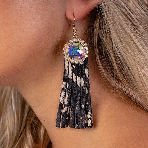 Cow Print Rhinestone Tassel Earrings