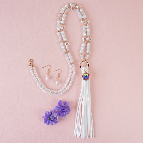 White Rhinestone Tassel Necklace