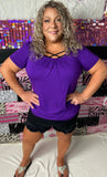 Purple Scoop Neck Short Sleeve Pleated Front Blouse Tunic Top