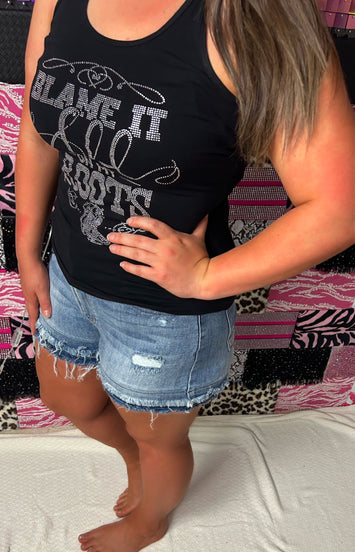 Black Blame It All On My Roots Bling Rhinestone Tank