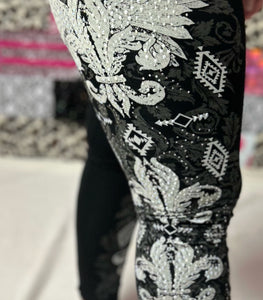 Vocal Black Fleur De Lis Leggings with rhinestones