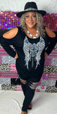 Vocal Open Shoulder Top Graphic Wings With Rhinestones