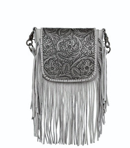 Montana West Genuine Leather Tooled Collection Fringe Crossbody