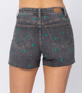 Judy Blue High Waist Gray Cactus Embroidery Cut Off Shorts