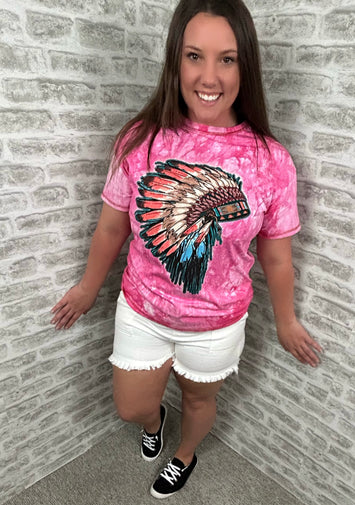 Pink Tie Dye Native Headdress Tee