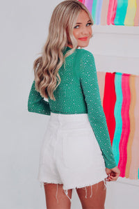 Rhinestone O-neck Long Sleeve Bodysuit Green