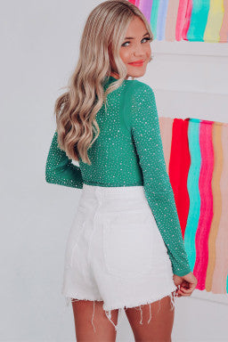 Rhinestone O-neck Long Sleeve Bodysuit Green