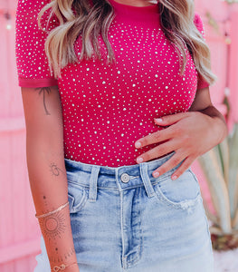 Hot Pink Rhinestone Bodysuit Short Sleeve