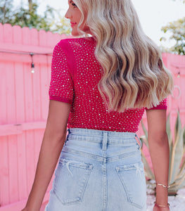 Hot Pink Rhinestone Bodysuit Short Sleeve