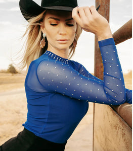 Blue Rhinestone Mesh Top