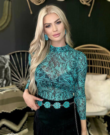 Tooled In Turquoise Mesh Top