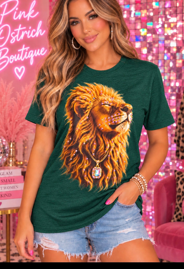 Emerald green lion women's rhinestone graphic tee - Pink Ostrich Boutique