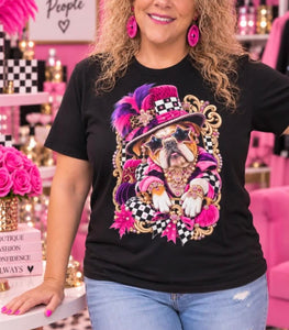 Fall bulldog graphic with hand-placed rhinestones on black Bella Canvas tee
