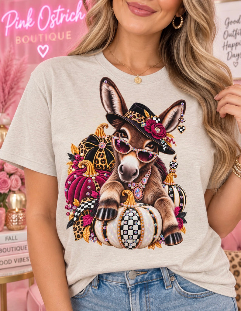 Fall donkey women’s rhinestone graphic tee with jeweled pumpkins and hat - Pink Ostrich Boutique
