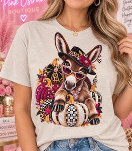 Fall donkey women’s rhinestone graphic tee with jeweled pumpkins and hat - Pink Ostrich Boutique