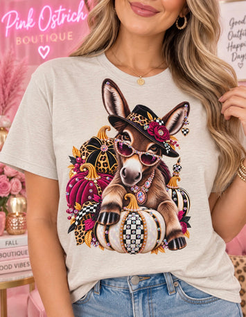 Fall donkey women’s rhinestone graphic tee with jeweled pumpkins and hat - Pink Ostrich Boutique